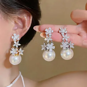 French Elegant Flower Stud Earrings For Women Artificial Pearl Zirconia 925 Sterling Silver Earring Post Luxurious Jewelry