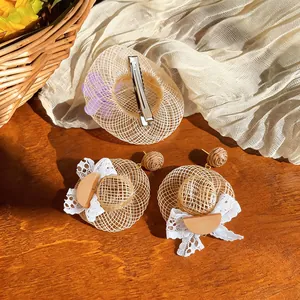 Exquisite woven straw hat earrings and hair clip set with white lace bows and beads