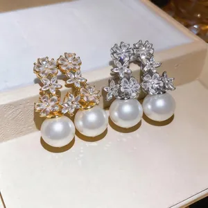 Elegant French style floral zircon stud earrings featuring large white pearls for women