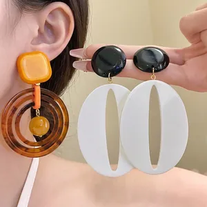 Retro Resin Geometric Oval Pendant Earrings With 925 Sterling Silver Earring Post Maillard Style Fashion Jewelry For Women