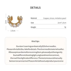 Detailed view of elegant zircon pearl ear cuff featuring size and material specifications