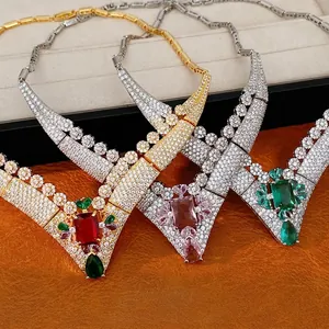 Luxury 18k gold plated vintage court style necklace with square zircon gemstones