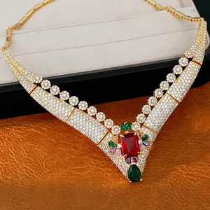 Vintage court style 18k gold plated necklace with colorful zircon stones and red gems
