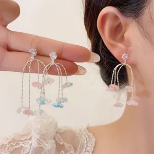 Süße Harz Blume Quaste Ohrstecker Für Damen Strass Eingelegt Silber Farbe Lange Kette Ohrring Mode Schmuck Geschenk