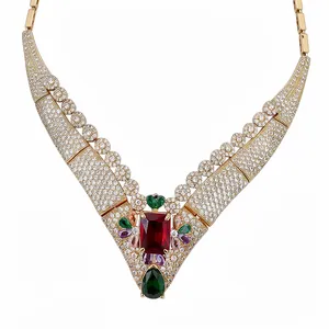 Elegant 18k gold plated vintage statement necklace with vibrant multi-color gemstones