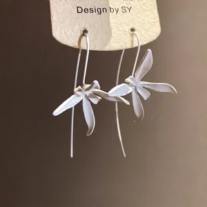 Elegant white orchid flower metal drop earrings with minimalist retro hook design