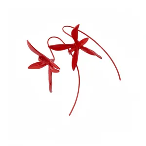 Elegant red flower metal painted ear hooks featuring a minimalist vintage floral design