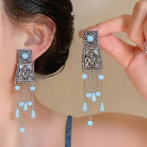 Vintage Bohemian Square Printed Acrylic Tassel Drop Earrings 925 Sterling Silver Post Floral Fringe Earrings For Women