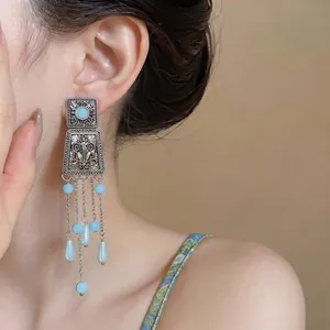 Vintage silver needle square engraved tassel earrings with blue acrylic beads