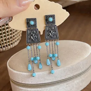 Elegant vintage silver square tassel drop earrings featuring turquoise acrylic beads