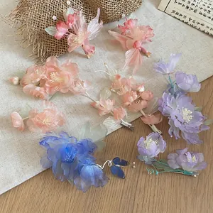 Elegant handmade fabric flower hair clips set for Hanfu and Chinese style hair styling.