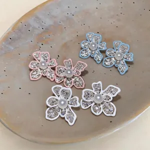Hollow Flower Artificial Pearl Stud Earrings With 925 Sterling Silver Earring Post Drip Oil Copper Floral Earrings For Women