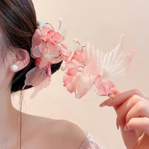 Handmade elegant pink fabric flower hair clip with pearl accents for Hanfu styling