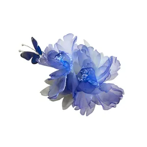 Elegant blue fabric flower hair clip with butterfly for Hanfu and modern fashion styles