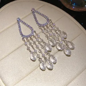 Elegant silver-tone zircon tassel drop earrings with faux pearls and crystal pendants