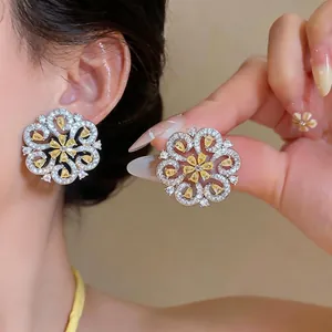 Elegant French style 18K gold plated flower earrings with yellow zircon crystals