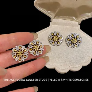 Elegant 18K gold plated flower stud earrings with yellow and white sparkling zircons