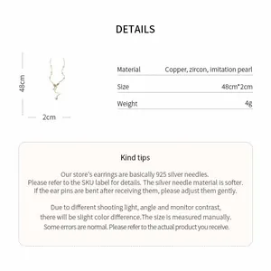 Specifiche dettagliate della collana di perle in zircone placcato oro con dimensioni.