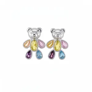 Adorable silver teddy bear stud earrings with colorful zircon stones for women and girls