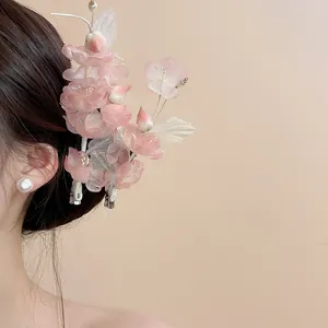 Ethereal fabric flower hair clip with pearls for Hanfu and Chinese style hair styling