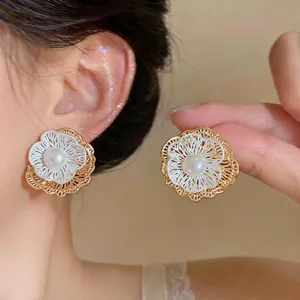 French Vintage Hollow Flower Stud Earrings with 925 Sterling Silver Post Gold Silver Artificial Pearl Earrings for Women Luxury Jewelry