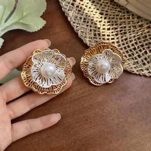 French vintage hollow flower stud earrings with pearl center in gold and silver finish