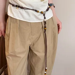 Cintura a catena in vita intrecciata a mano con perle marroni in stile vintage bohémien