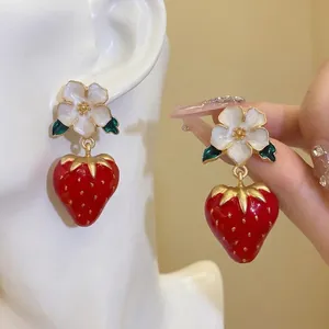 Sweet Strawberry and Flower Enamel Drop Earrings For Women Elegant Alloy Ear Jewelry With S925 Sterling Silver Post