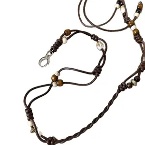 Cintura a catena bohémien marrone intrecciata a mano con perle di legno vintage da donna