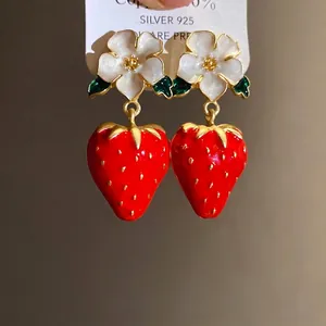 Sweet red strawberry and white flower drop earrings with silver needles for women