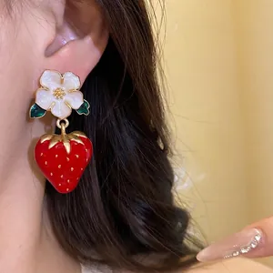 Charming silver needle enamel flower and red strawberry drop earrings for a sweet style