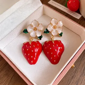Elegant enamel flower and red strawberry dangle earrings with S925 silver needles