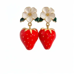 Elegant strawberry and flower drop earrings with enamel finish and S925 silver needles