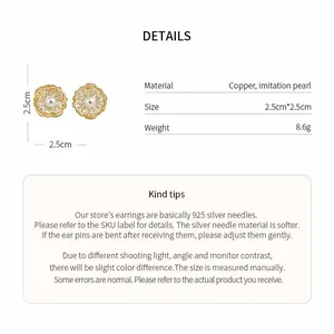 Detailed view of gold hollow flower earrings with pearls and sizing information.