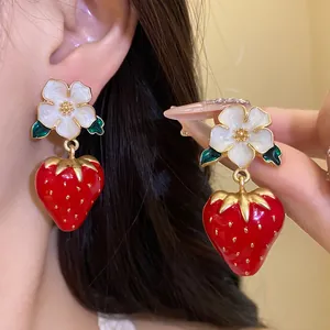 Sweet strawberry flower drop earrings with white enamel petals