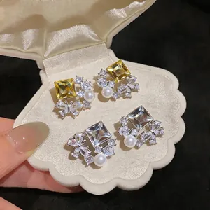 Butterfly Rhombus Zirconia Stud Earrings With 925 Sterling Silver Earring Post Elegant Artificial Pearl Jewelry For Women