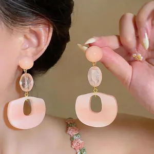 Sweet Resin Oval Drop Earrings With 925 Sterling Silver Earring Post Light Luxury Pink Dangle Earrings For Women Jewelry Gift