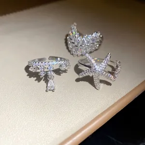 Elegant silver starfish and teardrop open rings with sparkling zircon stones for women
