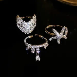 Starfish and heart adjustable ring set with sparkling crystals and teardrop charm