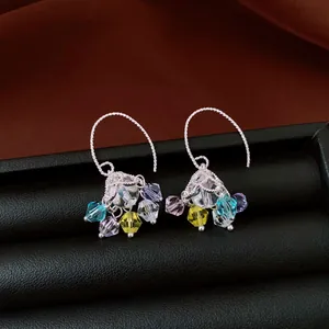 Detailansicht silberner Ohrhaken mit lebendigen, bunten, facettierten Kristallperlen.