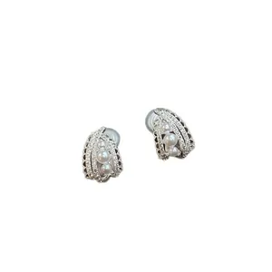 Elegant French style silver mosquito coil clip-on earrings with white pearls and crystals