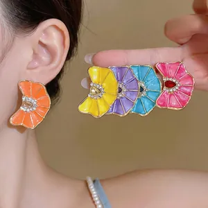 Niche Design Pleated Floral Stud Earrings with 925 Sterling Silver Earring Post Inlaid Rhinestone Enamel Vibrant Jewelry for Women