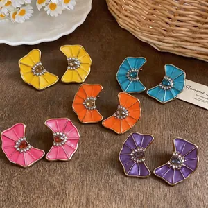 Colorful enamel fan-shaped flower earrings with sparkling rhinestones in a vintage style