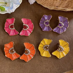 Dopamine colorful enamel flower stud earrings with inlaid rhinestones and pleated design