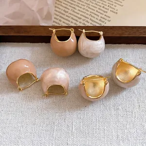 Elegant Korean-style gold-plated enamel bean hoop earrings with retro designer touch