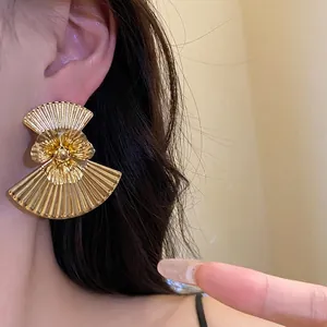 Vintage oversized gold metallic fan floral earrings for women, stylish statement jewelry