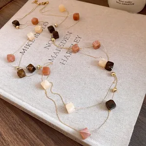 Double-layered necklace with elegant square acrylic beads in a vintage Maillard color palette.