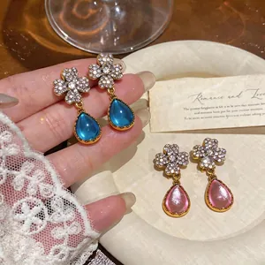 Orecchini Pendenti in Strass Floreali in Stile Palazzo Vintage Perno in Argento Sterling 925 Orecchini in Resina a Goccia d'Acqua per Donna