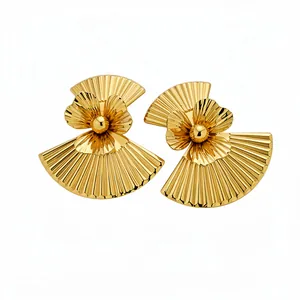 Elegant gold fan-shaped flower earrings with geometric pleated metal design