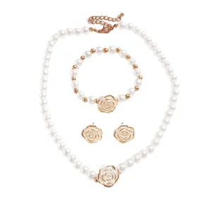 Vintage 3-piece camellia pearl jewelry set including necklace, bracelet and stud earrings